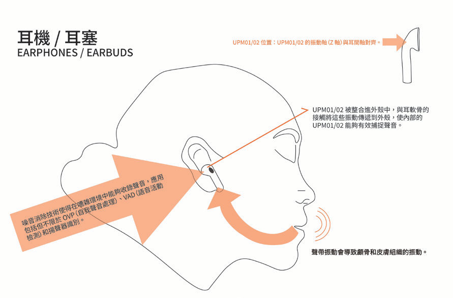圖2　骨傳導麥克風只接收垂直面(Z軸)的震動，能有效隔離外來噪音，收錄使用者清晰的語音訊號